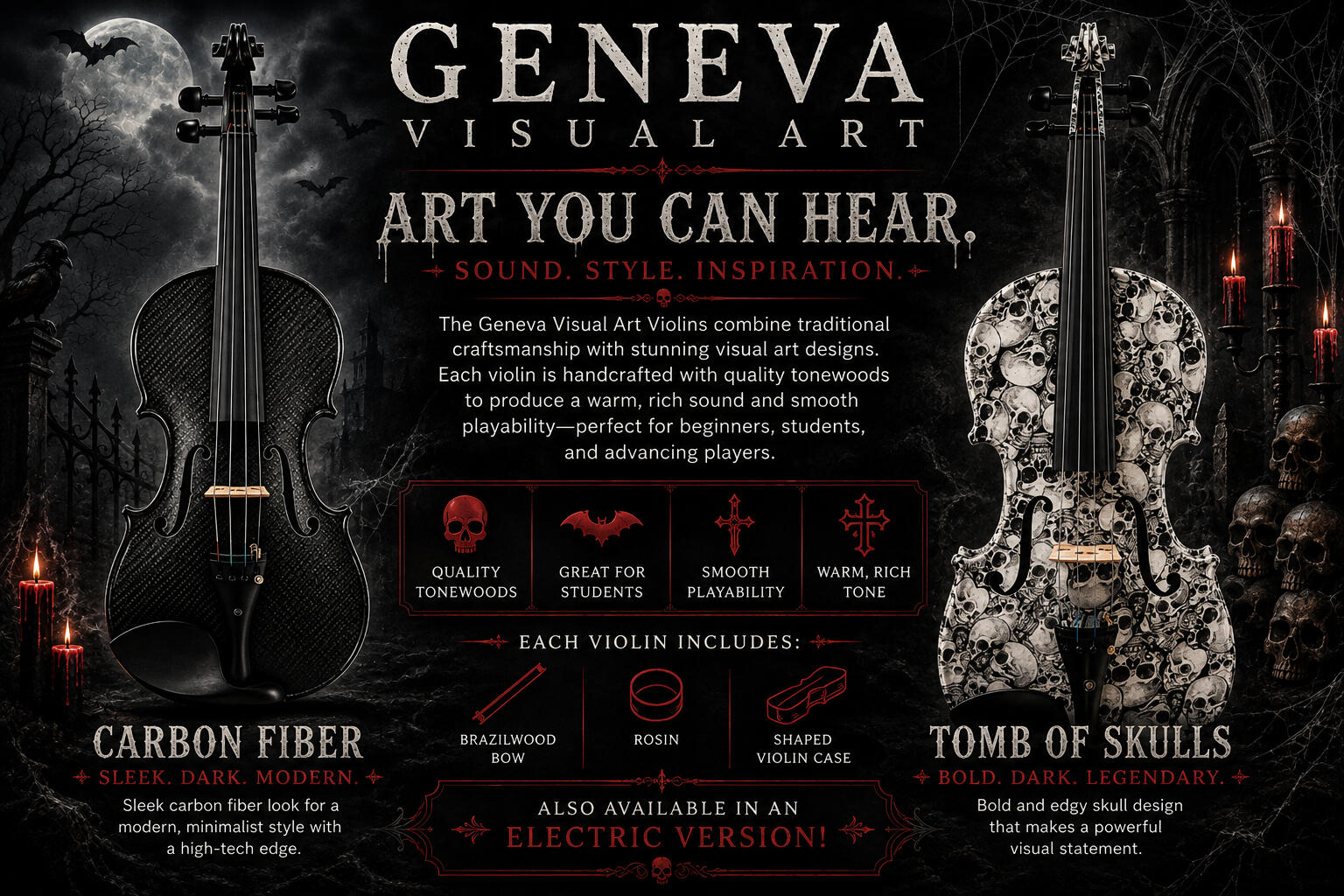 Geneva Visual Art Carbon and Tomb of Skulls violins featuring striking black carbon fiber and skull artwork designs Gothic Violins