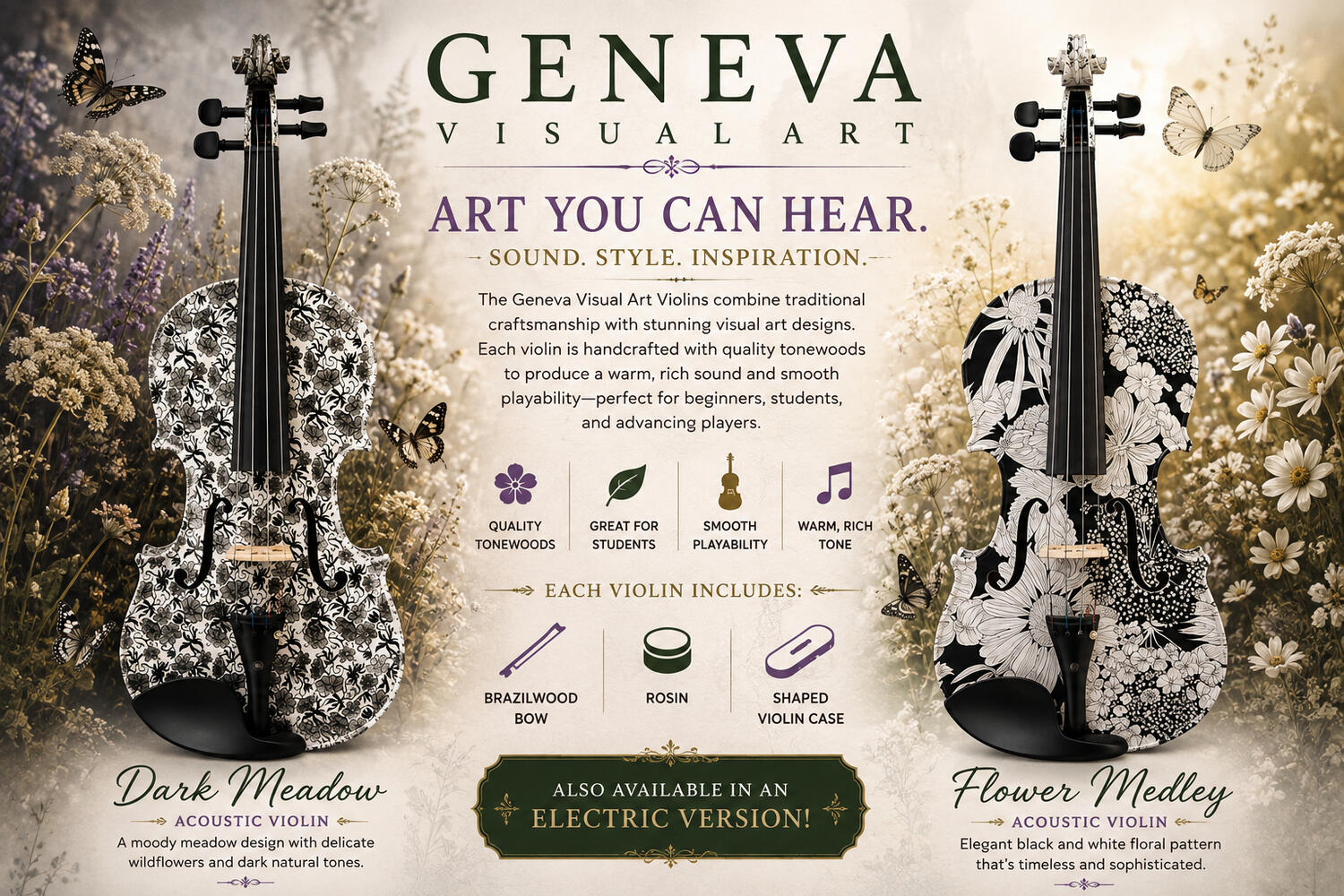 Geneva Visual Art Dark Meadow and Flower Medley violins featuring elegant black and white floral artwork inspired by meadows and wildflowers