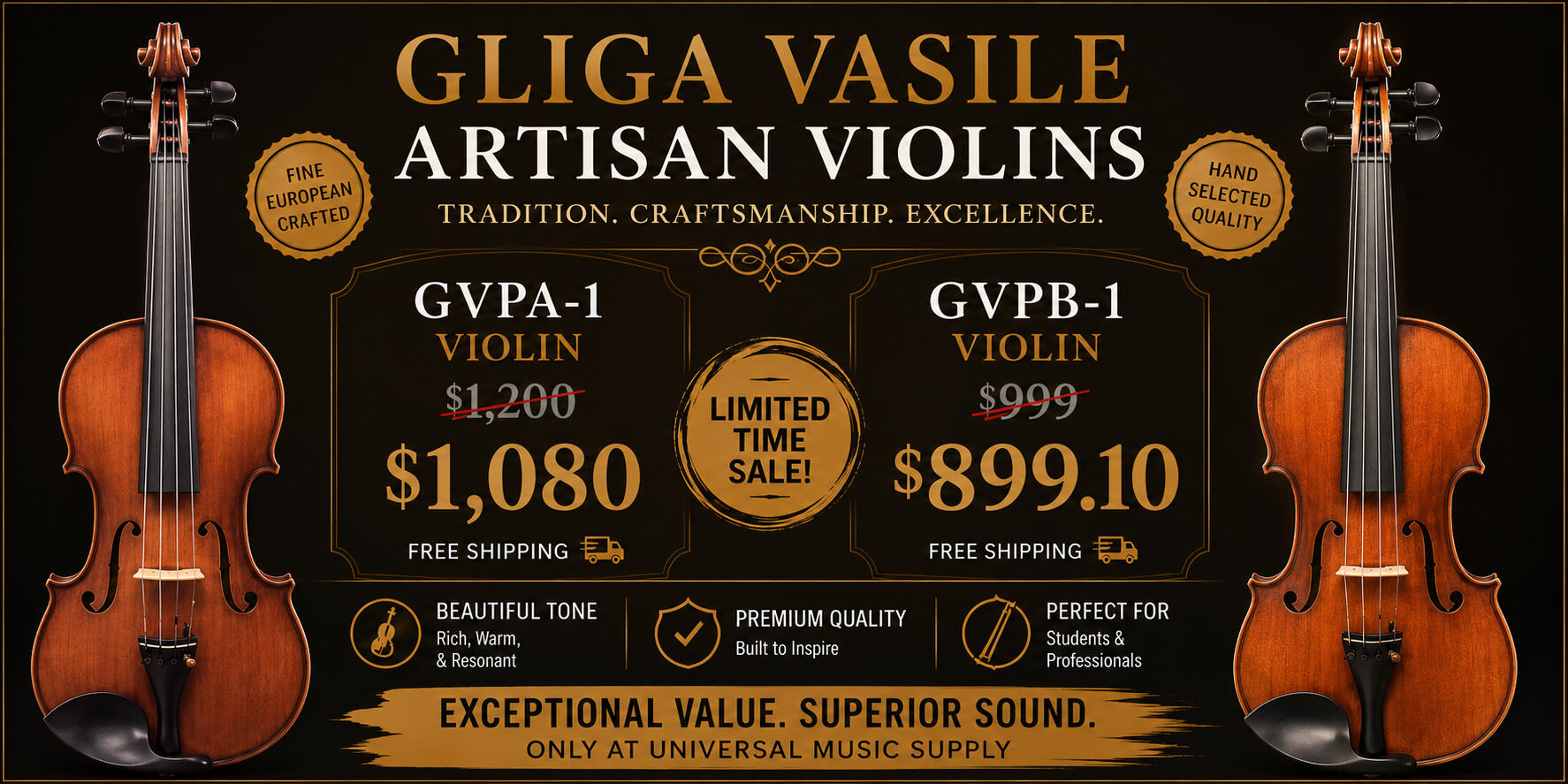 Gliga Summer Sale banner promoting 10% off Gliga violins, violas, cellos, and string instruments at Universal Music Supply. Limited-time savings on quality handcrafted instruments.