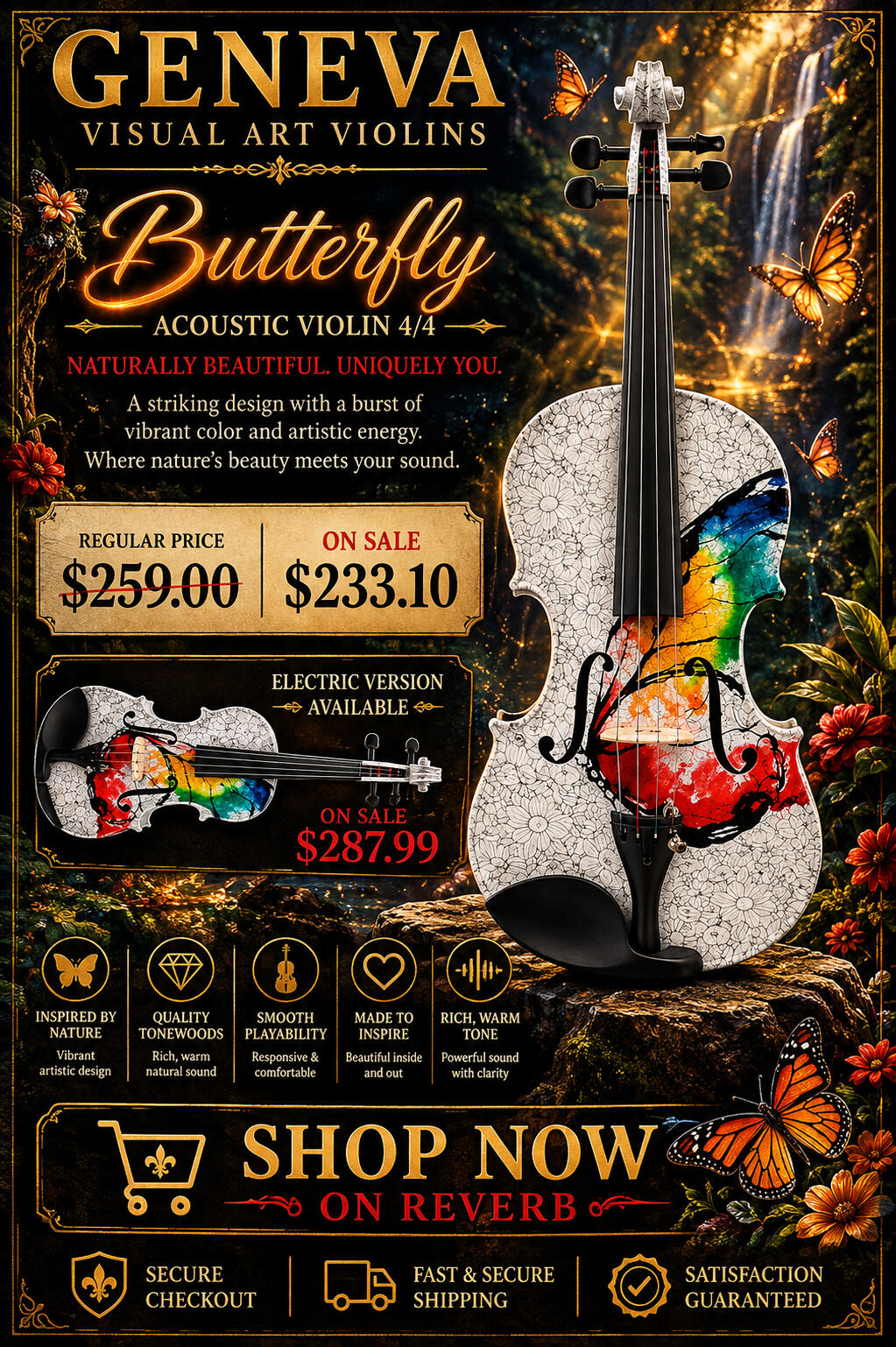 Geneva Visual Art – Blue Pearl & Butterfly | Artistic Violins Geneva Visual Art Blue Pearl and Butterfly violins with vibrant colorful artwork and distinctive decorative design