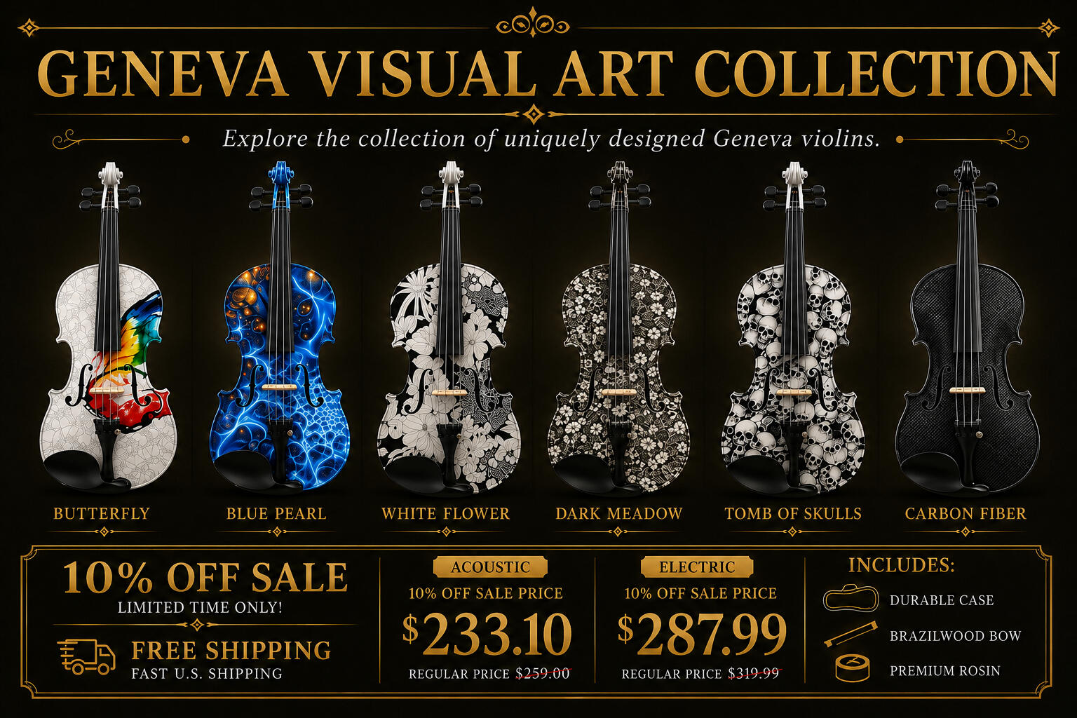 Geneva Visual Art Violins Geneva Visual Art Butterfly, Blue Pearl, Tomb Of Skulls, Carbon Fiber, White Flower Medley, Dark Meadow violins with vibrant colorful artwork and distinctive decorative design